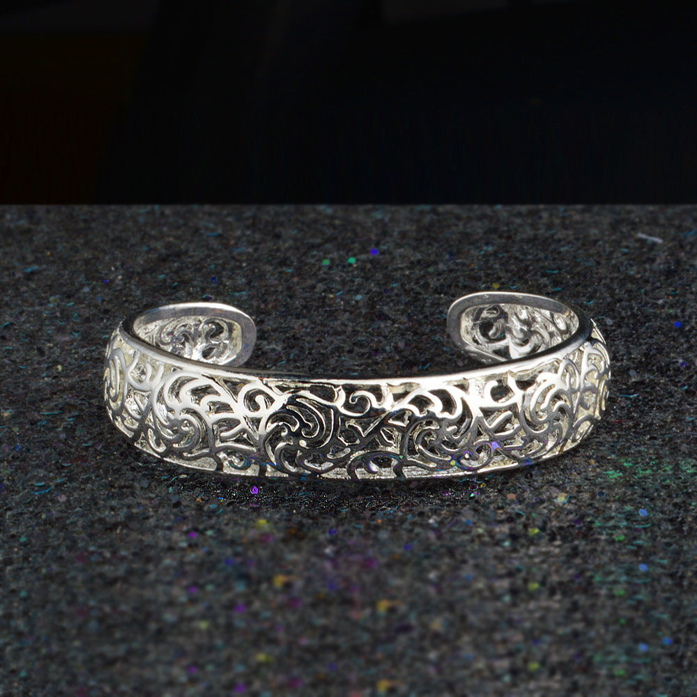925 Silver Hollow Pattern Cuff Bracelet&Bangle For Woman Wedding Party Silver Jewelry