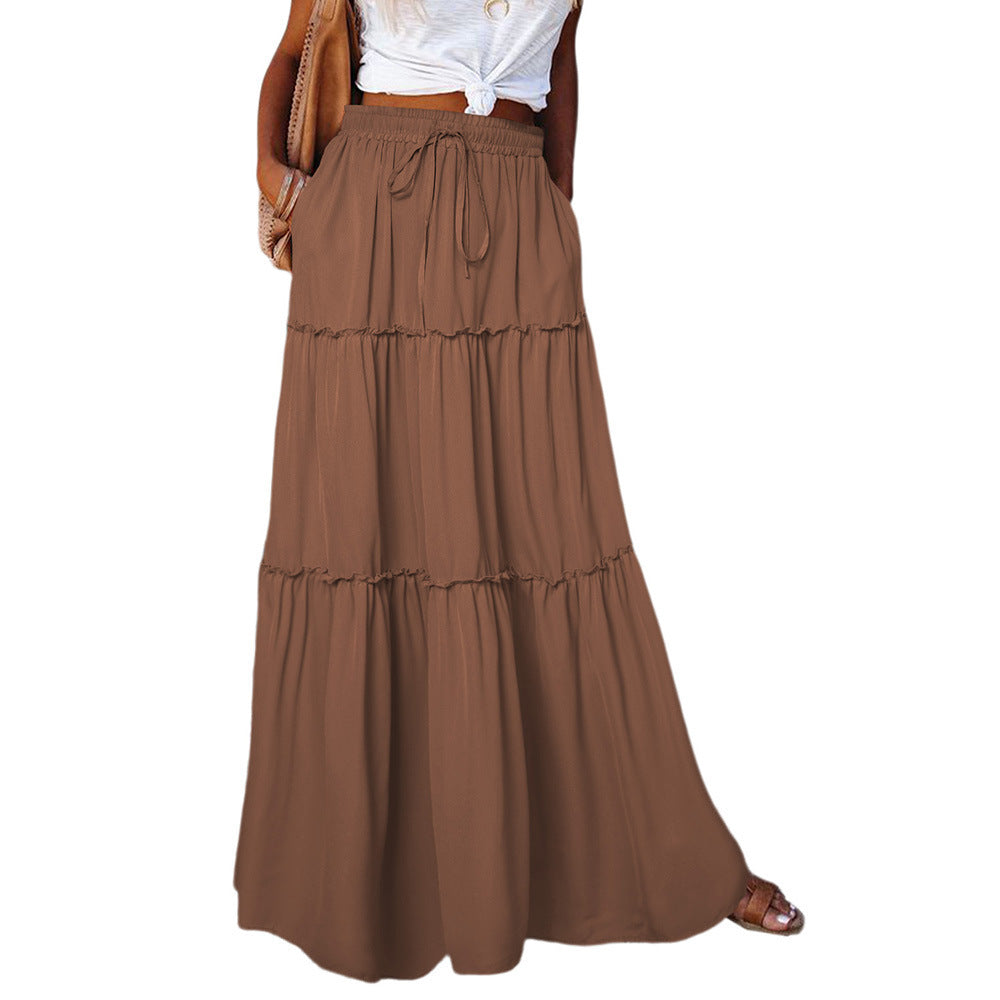 Medieval Layered High Waist Elastic Lace-up Maxi Skirt