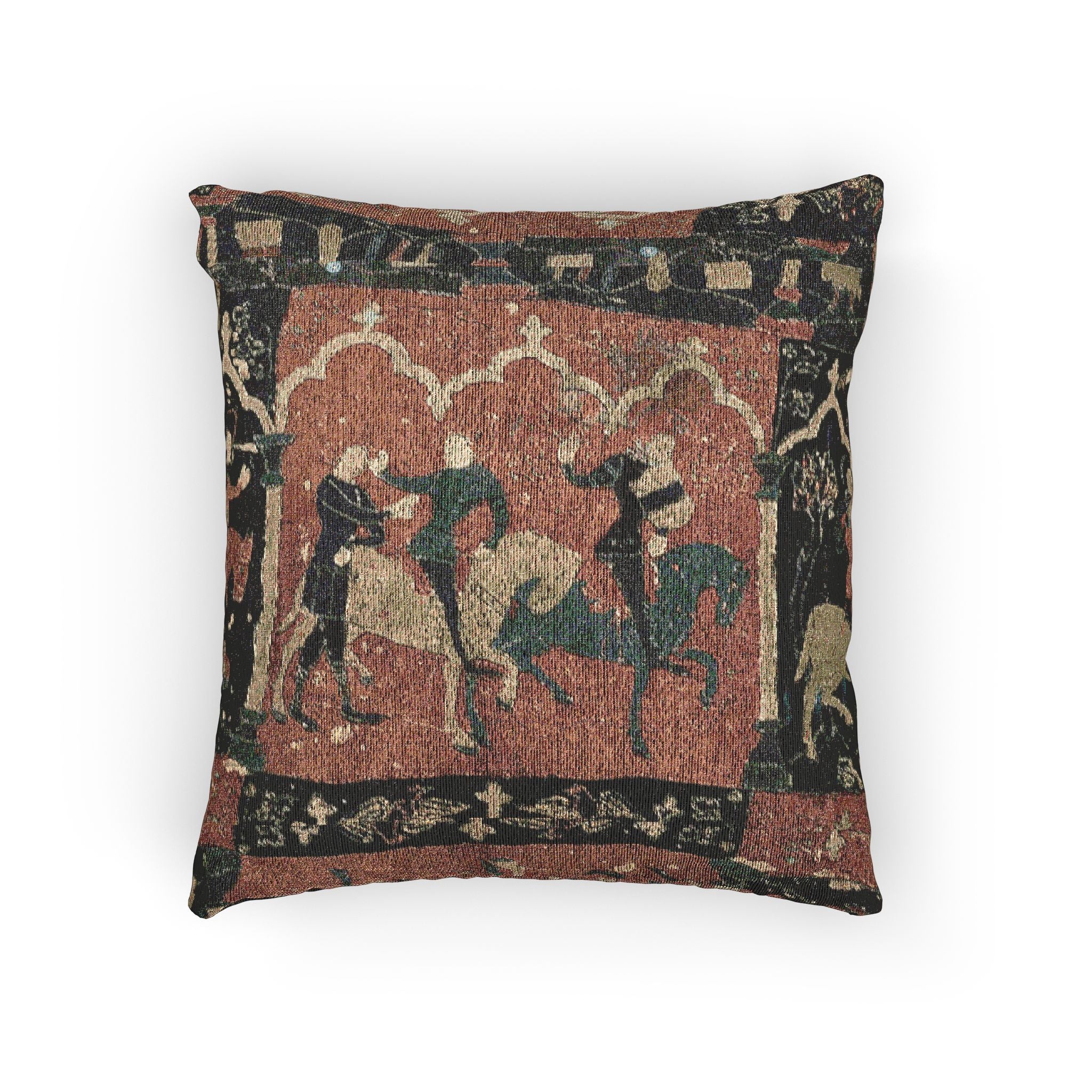 Woven Throw Pillow, "Tristan Journeying to Ireland" Tapestry