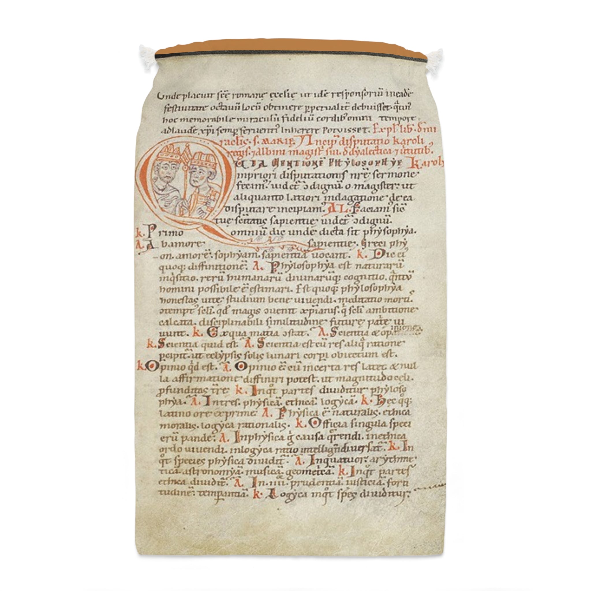 Medieval Manuscript Drawstring Sack with a page from the "Alcuin Dialectic"