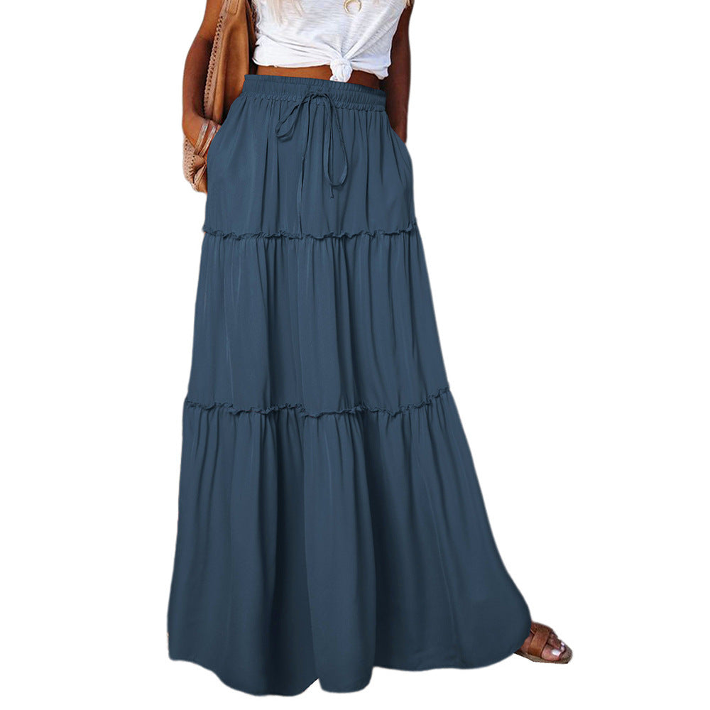 Medieval Layered High Waist Elastic Lace-up Maxi Skirt