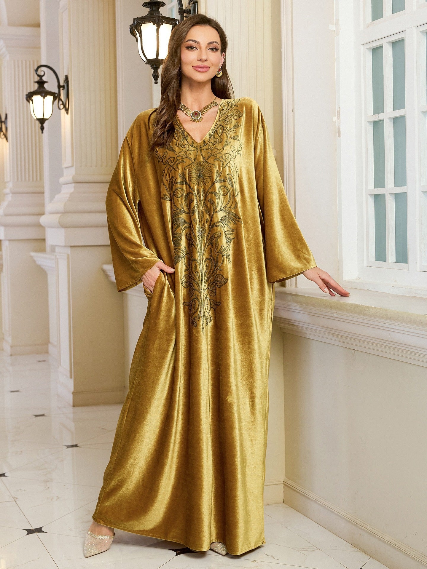 Embroidered Velvet Loose Plus Size Robe Vacation Beach Coat Dress Outerwear Cover-up