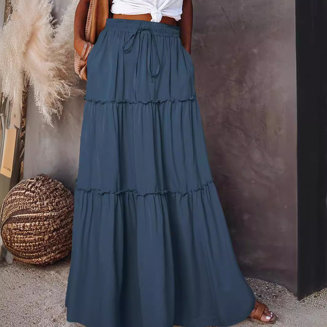 Medieval Layered High Waist Elastic Lace-up Maxi Skirt