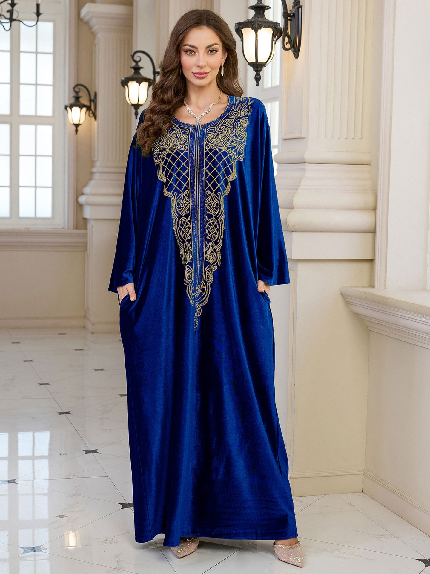 Embroidered Velvet Loose Plus Size Robe Vacation Beach Coat Dress Outerwear Cover-up