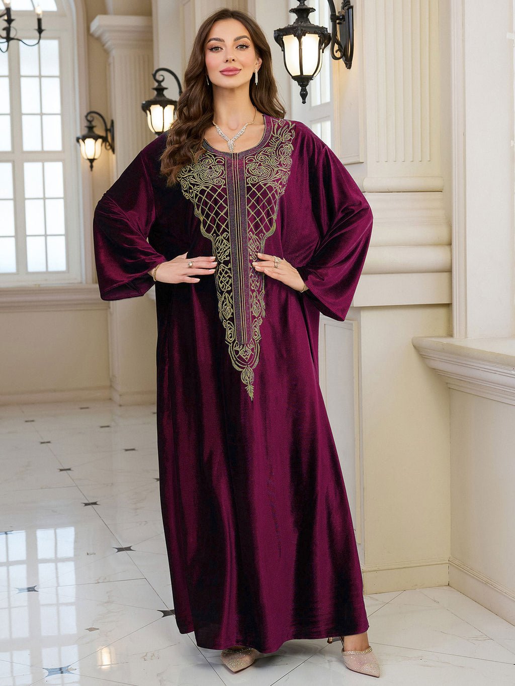 Embroidered Velvet Loose Plus Size Robe Vacation Beach Coat Dress Outerwear Cover-up