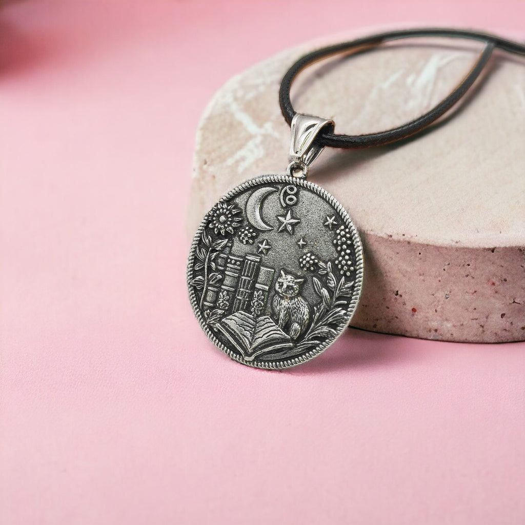 Wizard Cat Reading Witchcraft Pendant Necklace