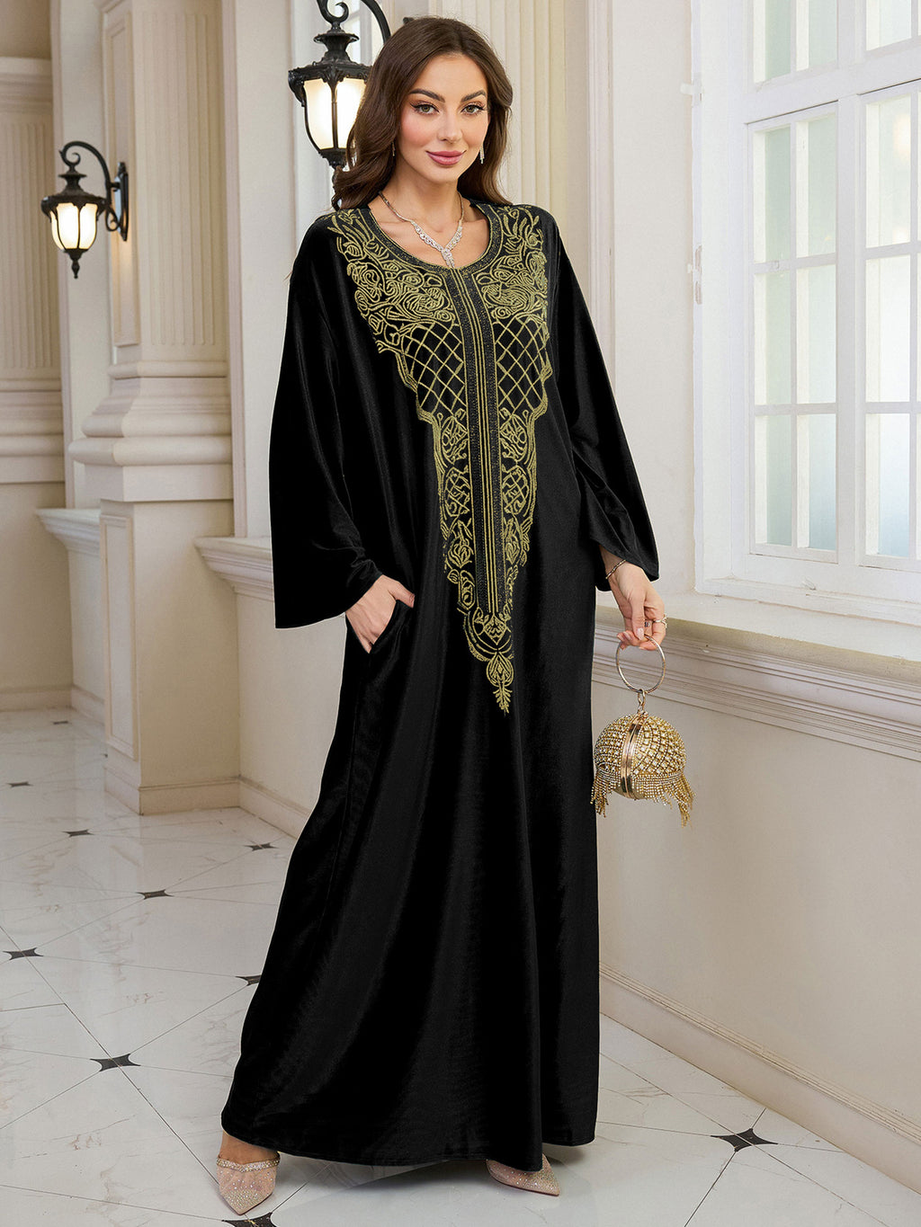 Embroidered Velvet Loose Plus Size Robe Vacation Beach Coat Dress Outerwear Cover-up