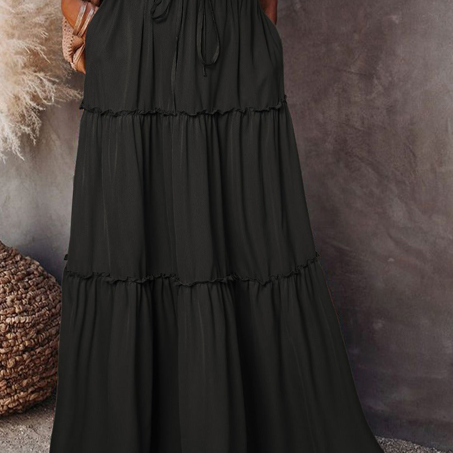 Medieval Layered High Waist Elastic Lace-up Maxi Skirt