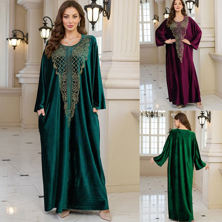 Embroidered Velvet Loose Plus Size Robe Vacation Beach Coat Dress Outerwear Cover-up