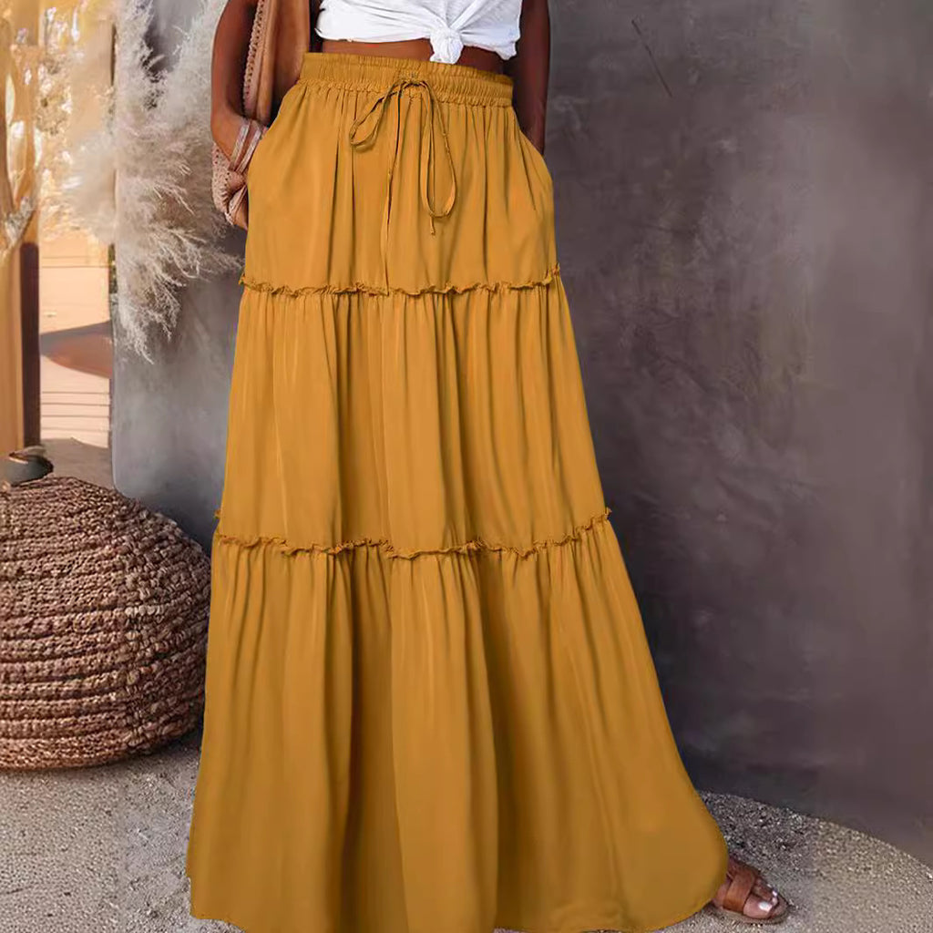 Medieval Layered High Waist Elastic Lace-up Maxi Skirt