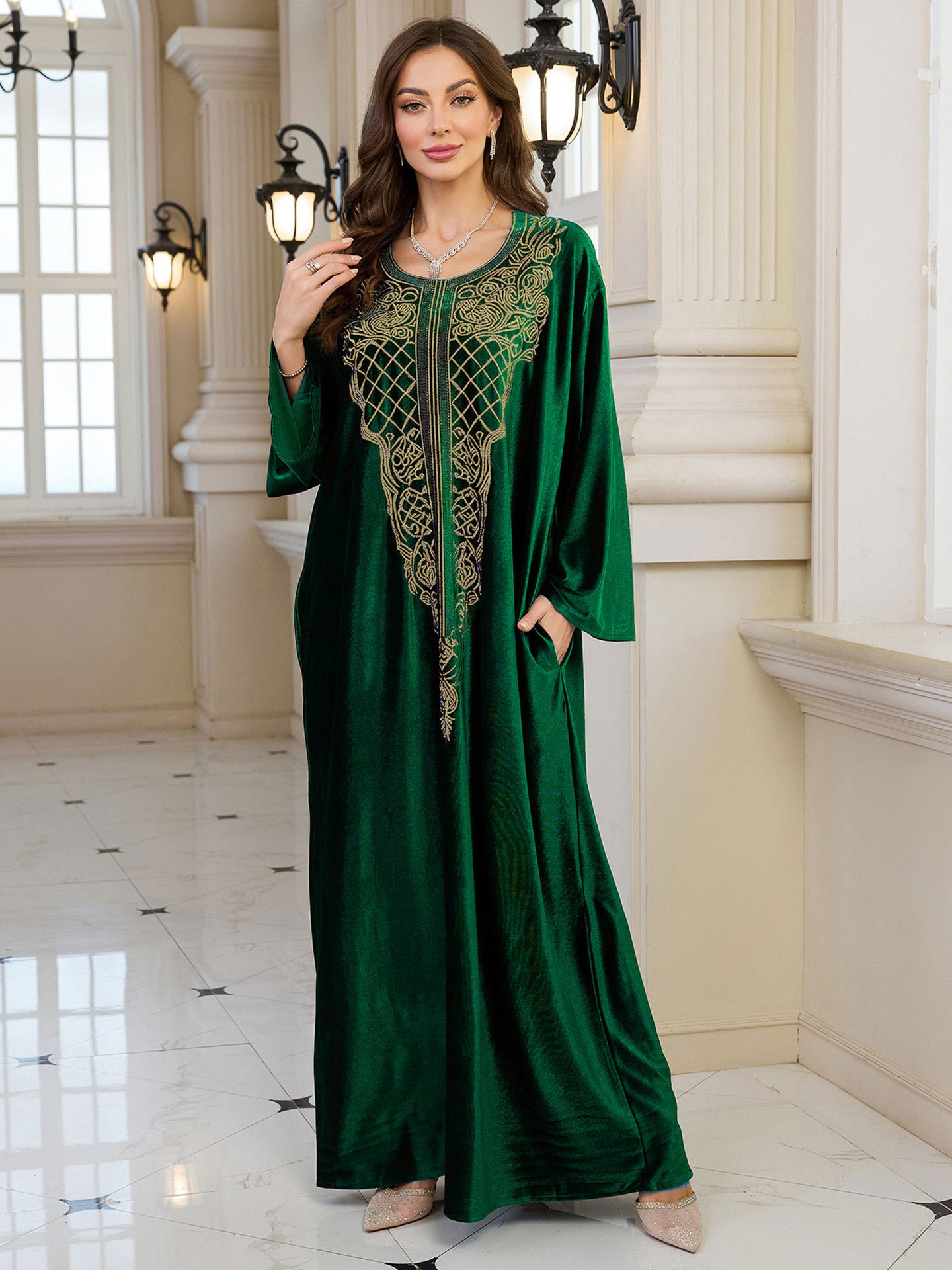 Embroidered Velvet Loose Plus Size Robe Vacation Beach Coat Dress Outerwear Cover-up