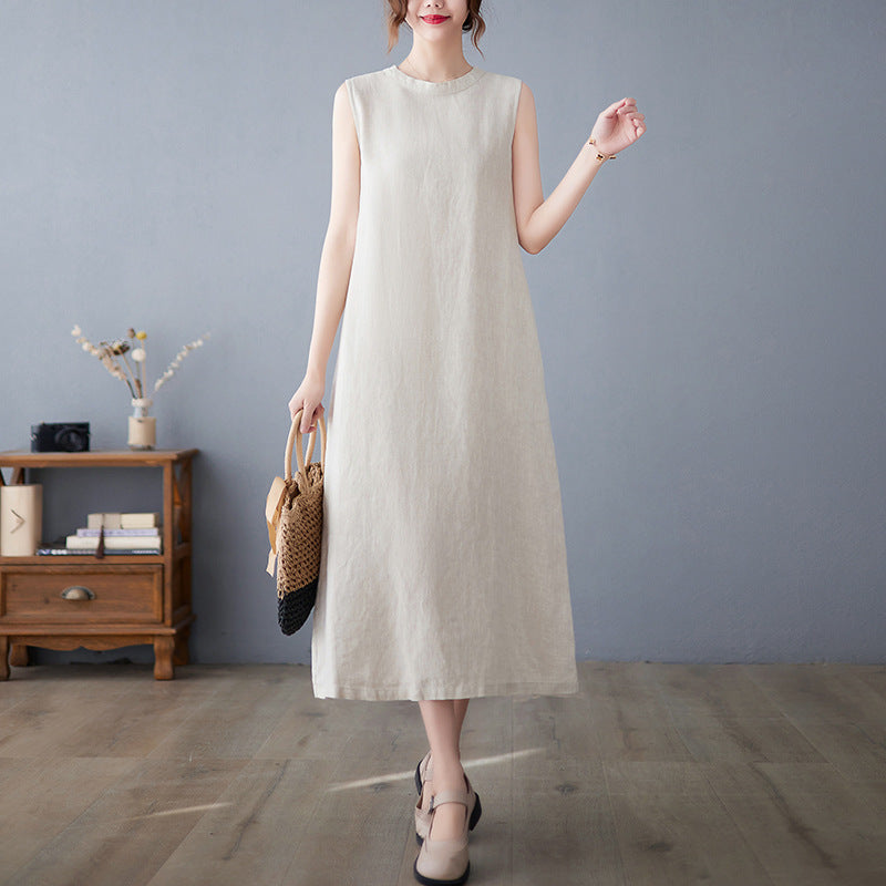 Renaissance Cotton Linen Loose Medium Length Sleeveless Vest Dress For Women