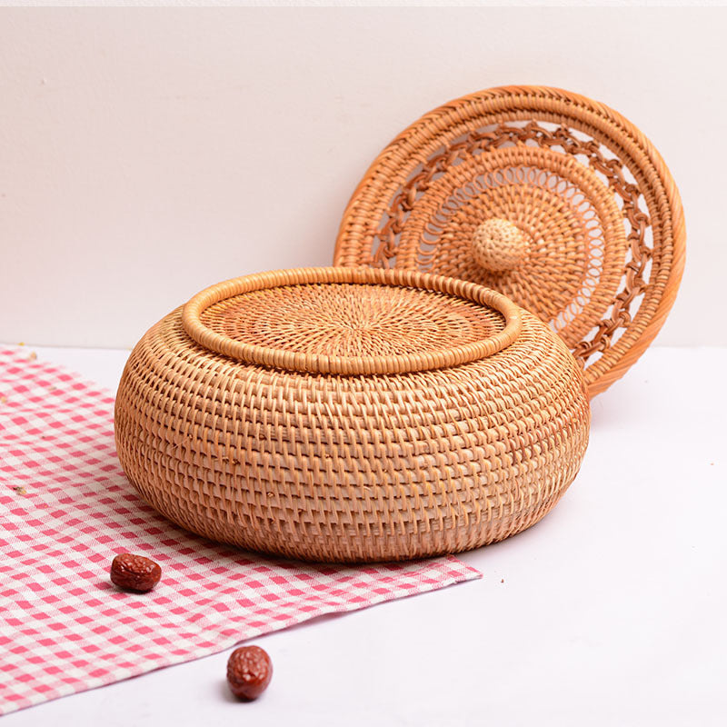 Woven Rattan Braided Fruit Plate With Cover For Household Use