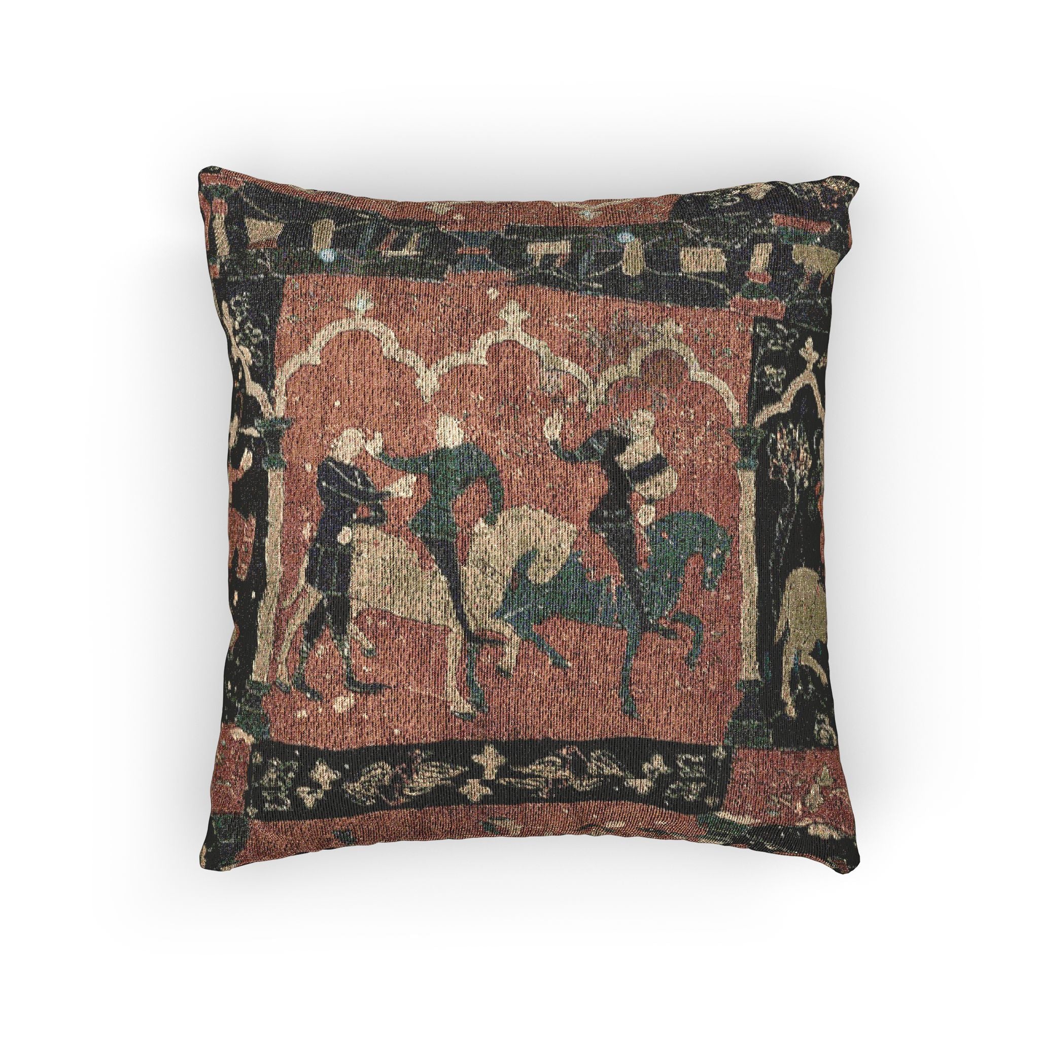 Woven Throw Pillow, "Tristan Journeying to Ireland" Tapestry
