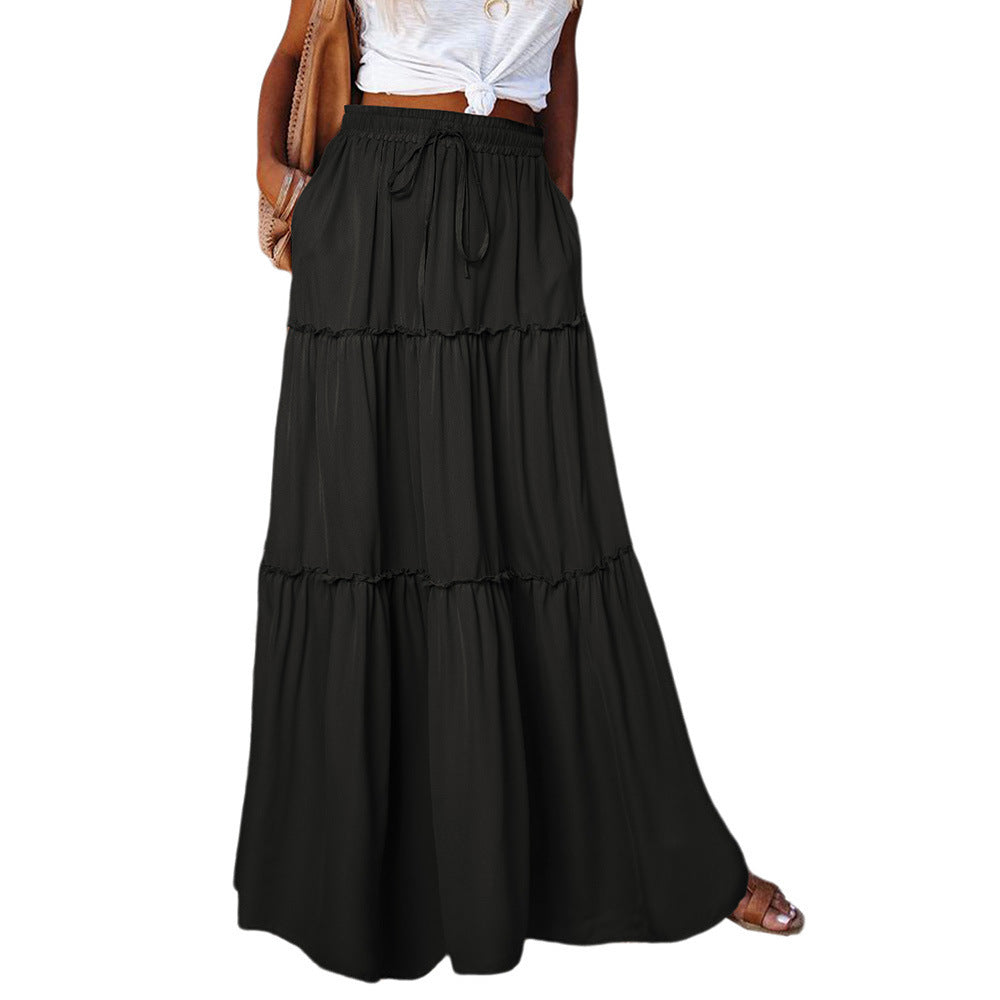 Medieval Layered High Waist Elastic Lace-up Maxi Skirt