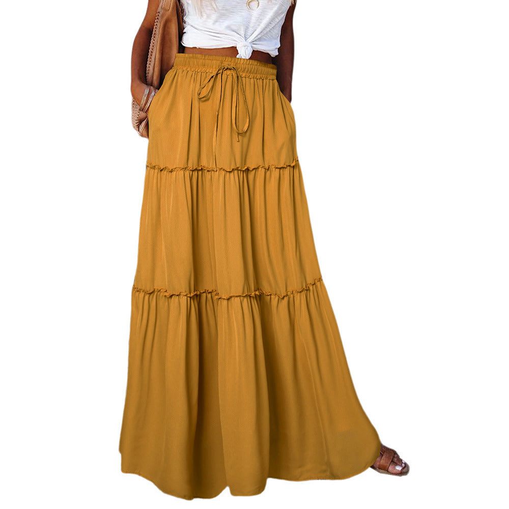 Medieval Layered High Waist Elastic Lace-up Maxi Skirt