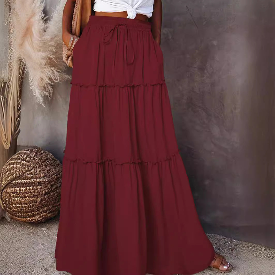Medieval Layered High Waist Elastic Lace-up Maxi Skirt