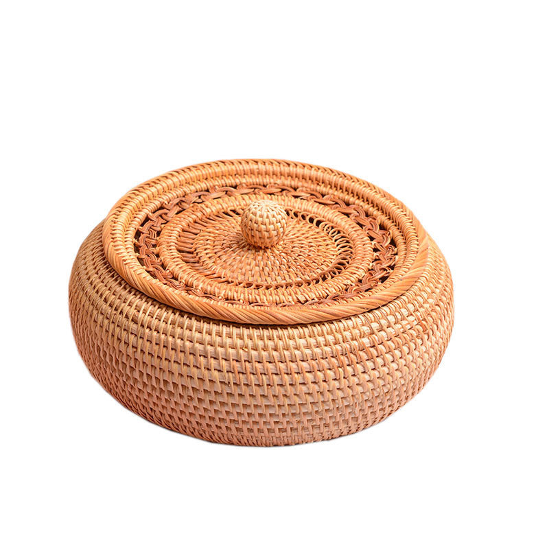 Woven Rattan Braided Fruit Plate With Cover For Household Use