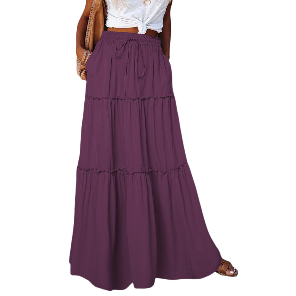 Medieval Layered High Waist Elastic Lace-up Maxi Skirt