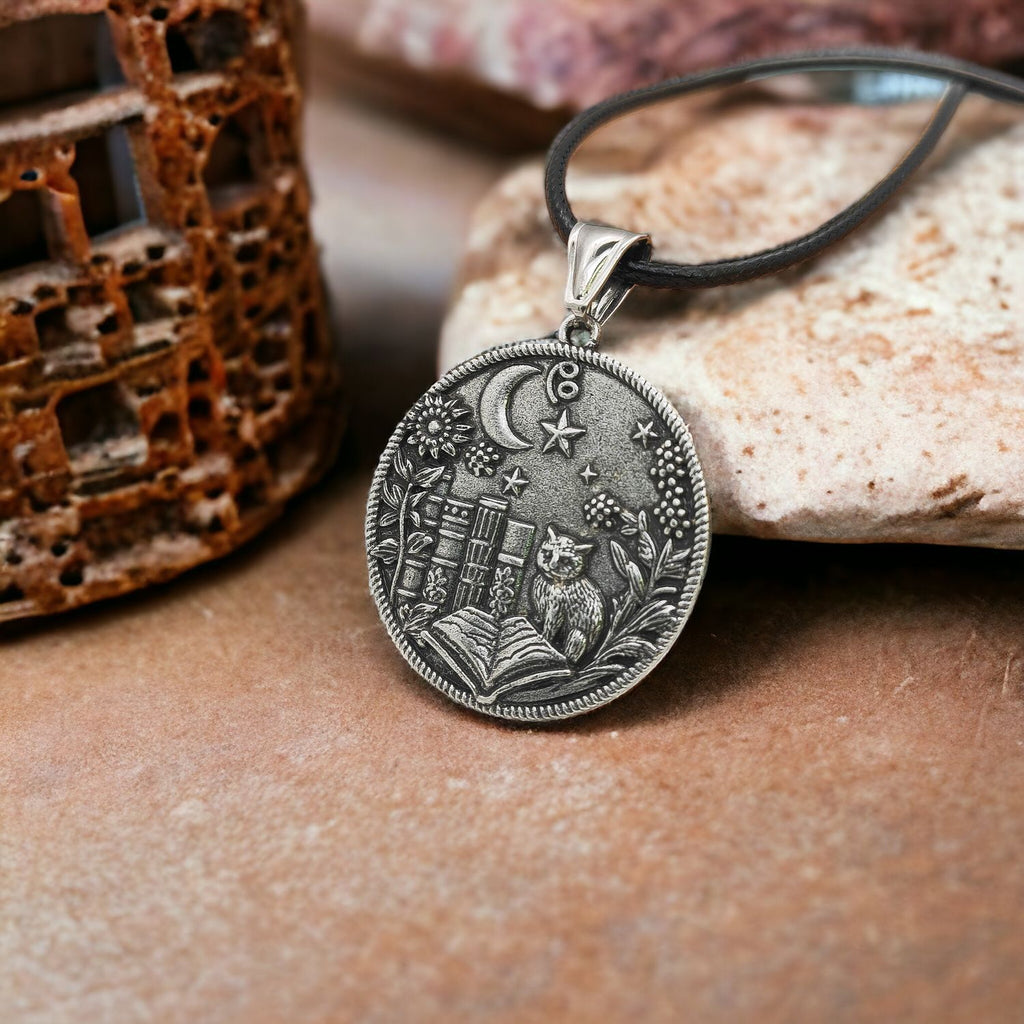 Wizard Cat Reading Witchcraft Pendant Necklace