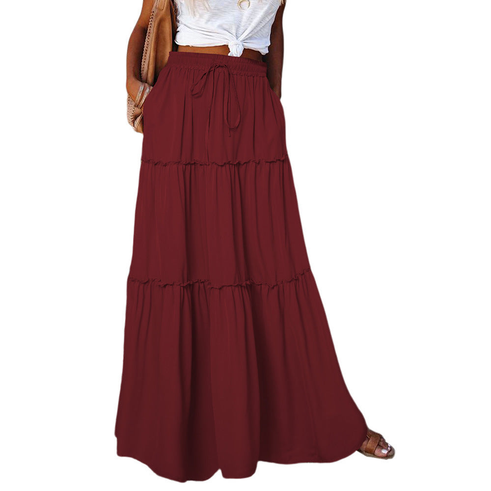 Medieval Layered High Waist Elastic Lace-up Maxi Skirt