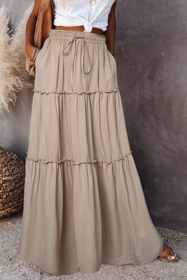 Medieval Layered High Waist Elastic Lace-up Maxi Skirt